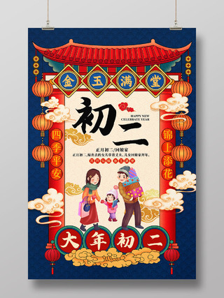 蓝色国潮初二大年初二回娘家新年春节习俗年俗系列海报